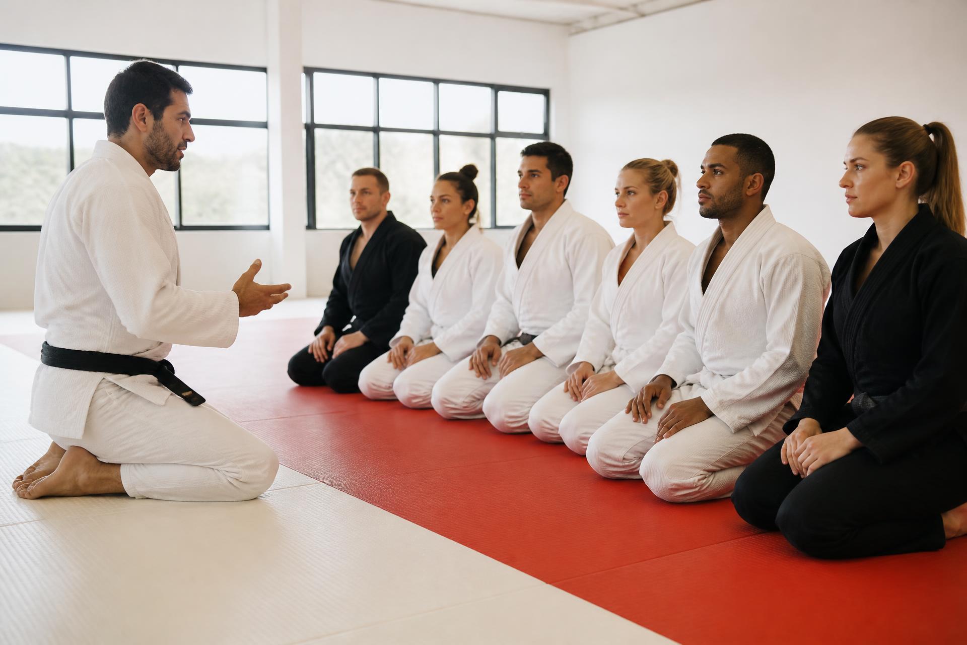 Professor faixa preta orientando alunos adultos em aula de Jiu-Jitsu na Gracie Barra Itajaí