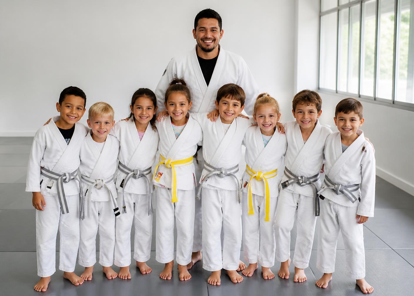 Crianças da turma GBKids ao lado do professor na Gracie Barra Itajaí